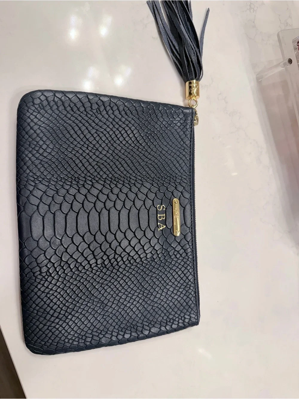 GiGi New York Navy Textured Leather Tassel Clutch
